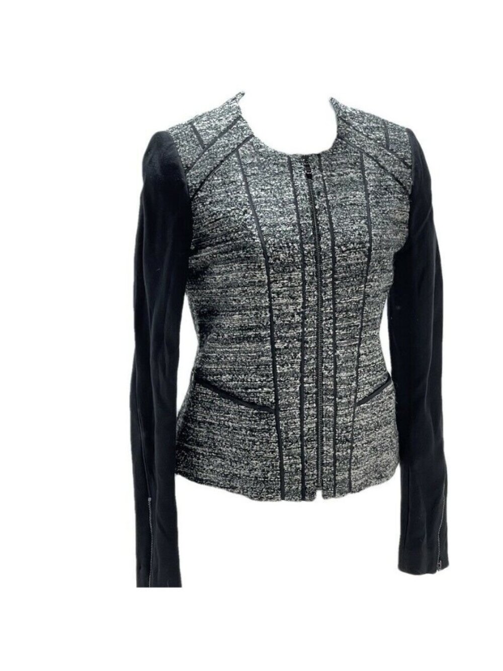 Ann Taylor Mixed Fabric Womens Jacket Size L Wool Blend & Polyester Black/Grey
